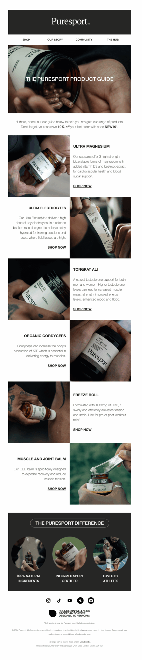 Puresport welcome email - product showcase.