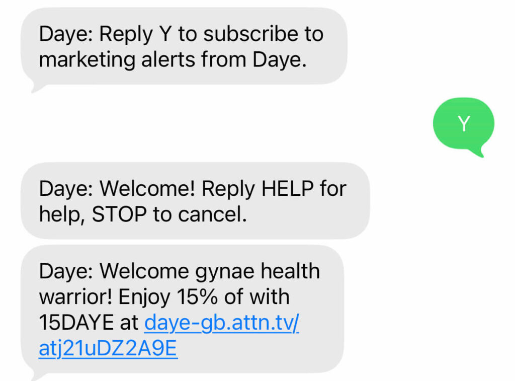 DAYE Welcome SMS with option to reply for HELP.