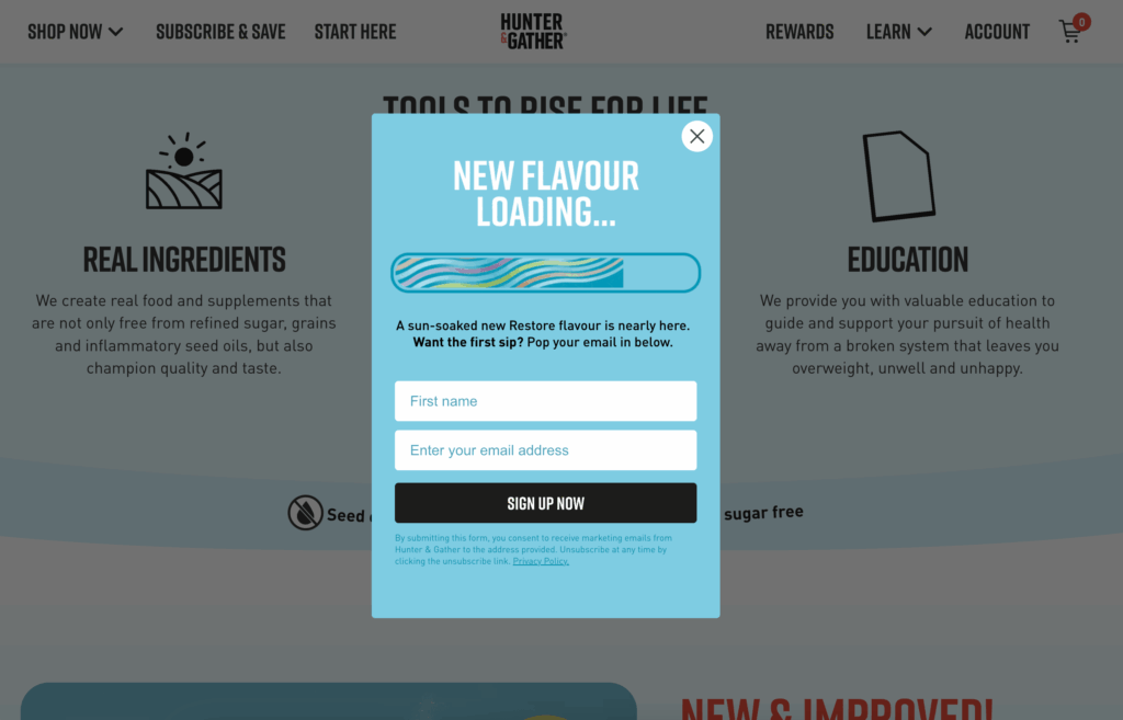 Hunter & Gather email opt-in form with animated gif (loading bar).