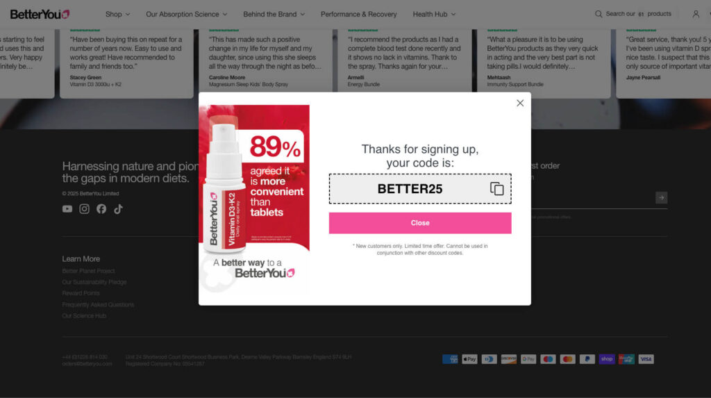 BetterYou email sign up form, with coupon code on second step.