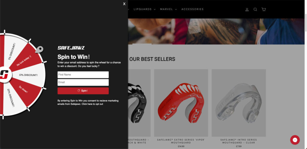 SafeJawz spin to win email opt-in form.