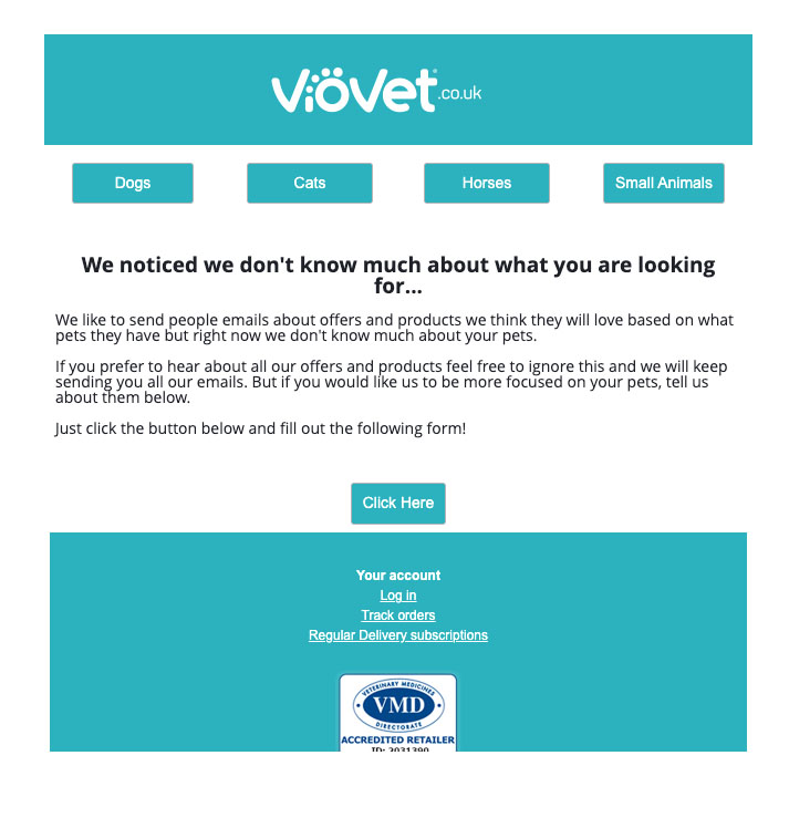 Vivo vet welcome email with survey to learn more about your pet.